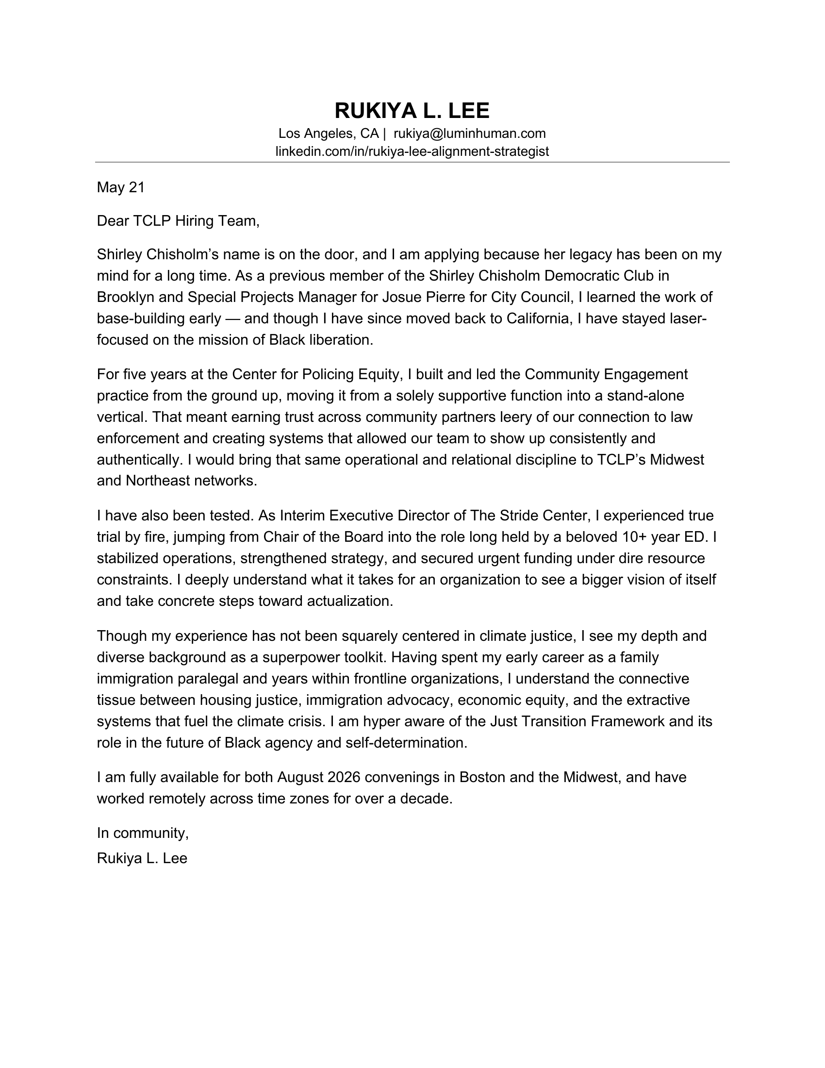 Cover letter after LuminHuman — clean, focused page with a strong opening