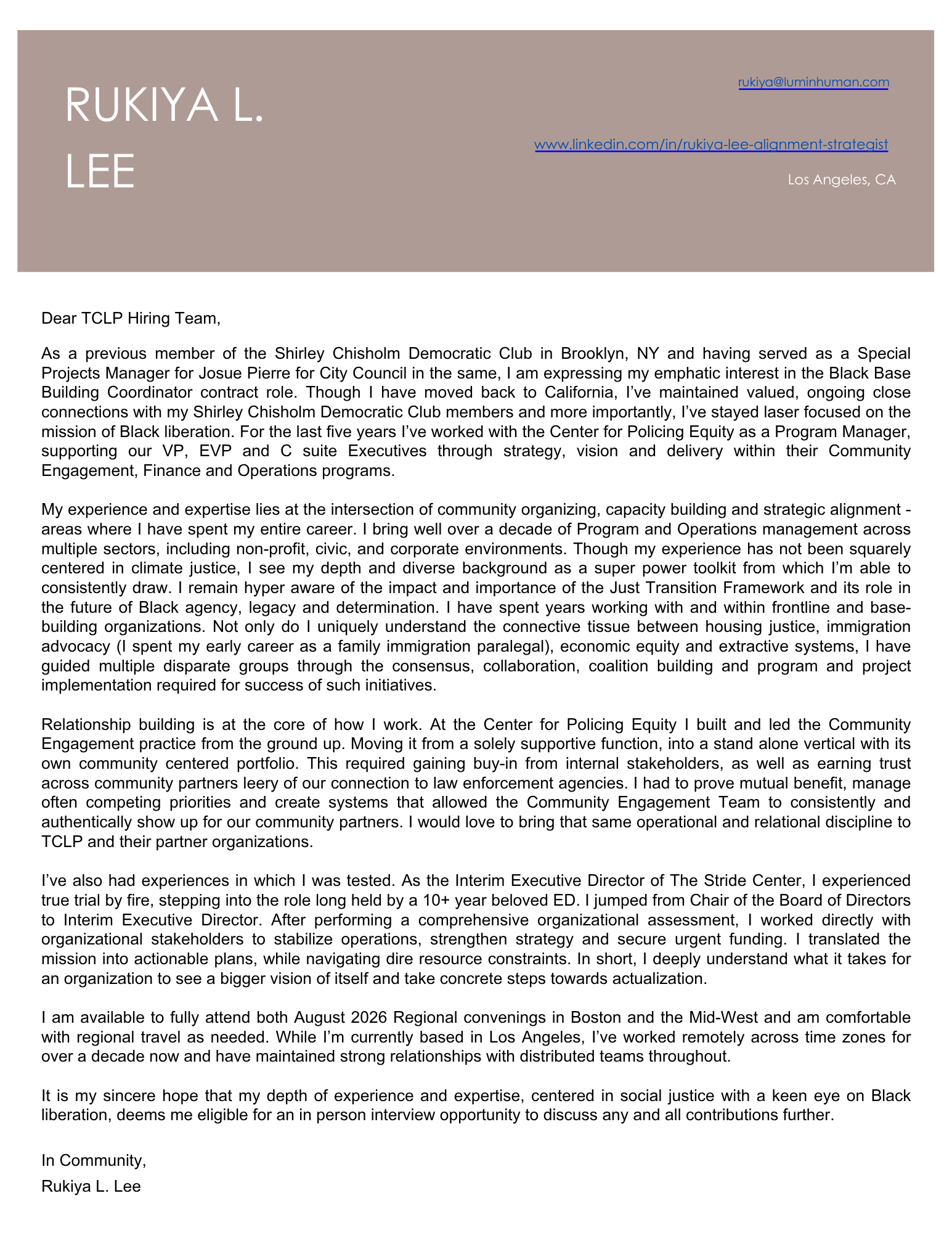 Cover letter before LuminHuman — dense, justified, hard to scan